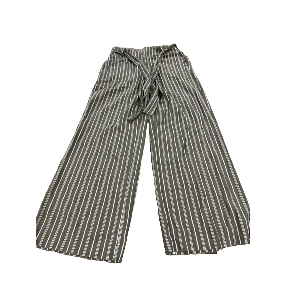 Soundstyle Linen Blend Wide Leg Pants Size M Olive Stripe Tie Waist